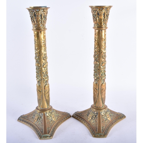 286 - Elkington Bronze Candlestick Holder Pair Ornate Floral Detailed Gold Plated. 31 cm high.