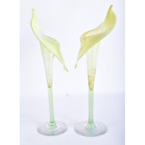 288 - A PAIR OF ART NOUVEAU VASELINE GLASS JACK IN A PULPIT VASES. 33 cm high.  WE ARE UNABLE TO OFFER IN ... 