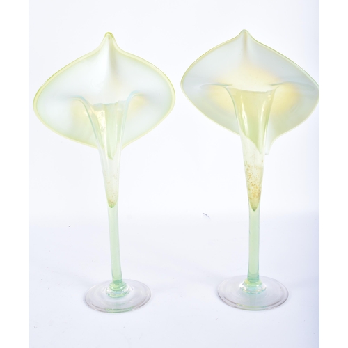 288 - A PAIR OF ART NOUVEAU VASELINE GLASS JACK IN A PULPIT VASES. 33 cm high.  WE ARE UNABLE TO OFFER IN ... 