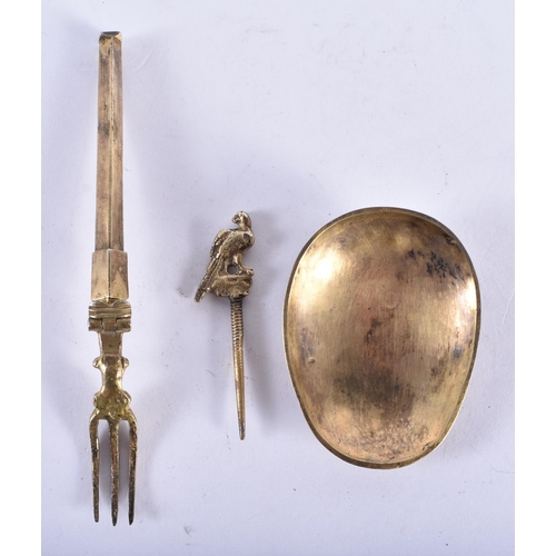 292 - Antique Travelling Fork / Spoon Set Folding Multi-Tool w/ Toothpick Brass 1800s. 19 cm long.