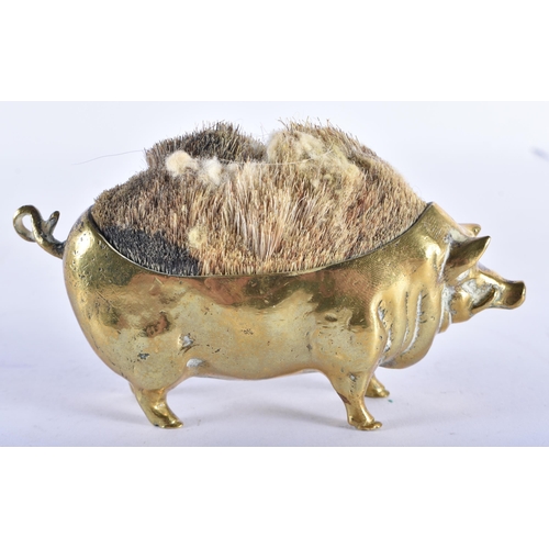 294 - Antique Victorian BRASS Novelty Pig Form Pen Nib Cleaner Desk Accessory (321g). 12 cm wide.