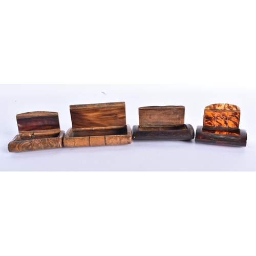 299 - FOUR ANTIQUE CARVED SNUFF BOXES. Largest 9 cm wide. (4)