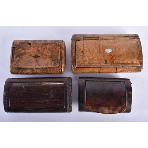 299 - FOUR ANTIQUE CARVED SNUFF BOXES. Largest 9 cm wide. (4)