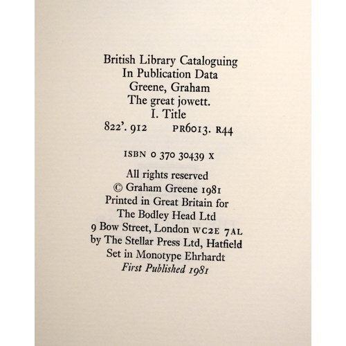 311 - The Great Jowett by Graham Greene. First Edition 1981. Slim octavo, 21 x 13 cm, signed by the author... 