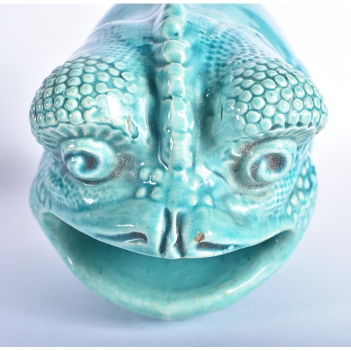 330 - AN ANTIQUE BURMANTOFTS FAIENCE FROG SPOON WARMER. 15 cm high.