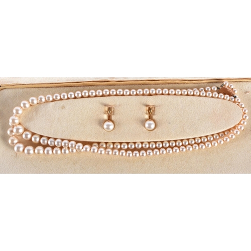 356 - A 9CT GOLD AND PEARL NECKLACE with earrings and another necklace. (4)