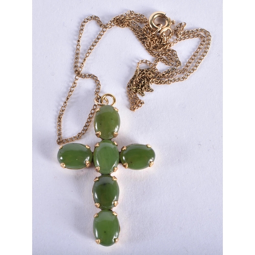 357 - A CHINESE YELLOW METAL AND JADE NECKLACE. Pendant 4 cm x 2 cm.