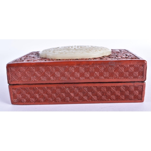 360 - A 19TH CENTURY CHINESE CARVED JADE AND CINNABAR LACQUER BOX AND COVER. 14 cm x 9 cm.