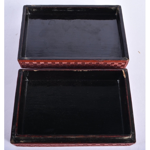 360 - A 19TH CENTURY CHINESE CARVED JADE AND CINNABAR LACQUER BOX AND COVER. 14 cm x 9 cm.