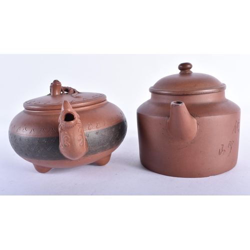 366 - TWO 19TH CENTURY CHINESE YIXING POTTERY TEAPOTS AND COVERS. Largest 18 cm wide. (2)