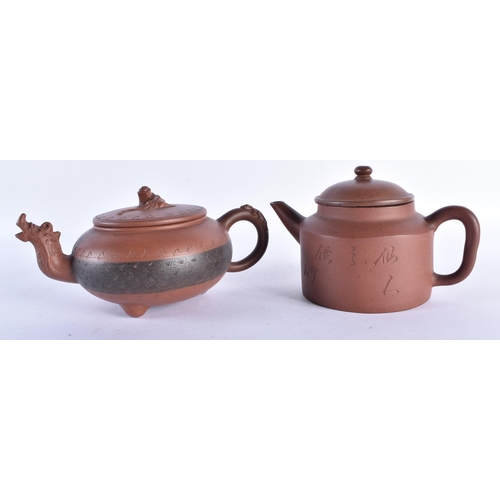 366 - TWO 19TH CENTURY CHINESE YIXING POTTERY TEAPOTS AND COVERS. Largest 18 cm wide. (2)