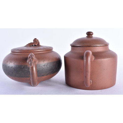 366 - TWO 19TH CENTURY CHINESE YIXING POTTERY TEAPOTS AND COVERS. Largest 18 cm wide. (2)