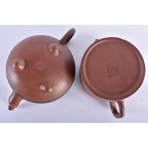 366 - TWO 19TH CENTURY CHINESE YIXING POTTERY TEAPOTS AND COVERS. Largest 18 cm wide. (2)