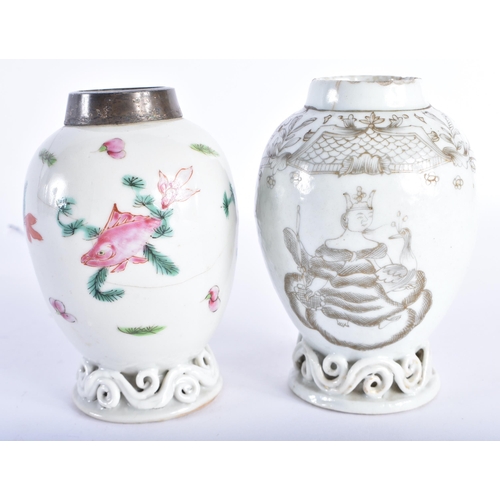 385 - TWO 18TH CENTURY CHINESE EXPORT PORCELAIN TEA CANISTERS Qianlong, one painted En Grisaille with a Qu... 