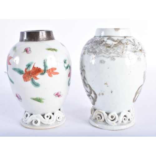 385 - TWO 18TH CENTURY CHINESE EXPORT PORCELAIN TEA CANISTERS Qianlong, one painted En Grisaille with a Qu... 