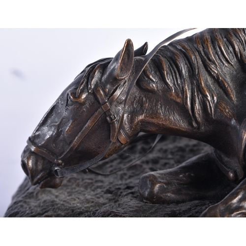 387 - A FINE 19TH CENTURY RUSSIAN BRONZE FIGURE OF A  FALLEN HORSE Cast by Woerffel, modelled beside an em... 