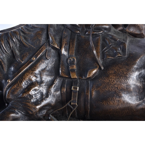 387 - A FINE 19TH CENTURY RUSSIAN BRONZE FIGURE OF A  FALLEN HORSE Cast by Woerffel, modelled beside an em... 