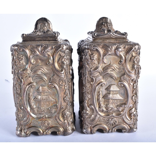 390 - A FINE PAIR OF GEORGE III SILVER CHINOISERIE TEA CADDIES by Thomas Pitts I, After Paul De Lamerie, d... 