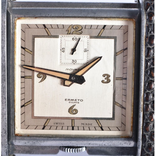 398 - A RARE EARLY 20TH CENTURY OVERSIZED MOVADO ERMETO TRAVELLING PUSH WIND STRUT CLOCK with leather case... 