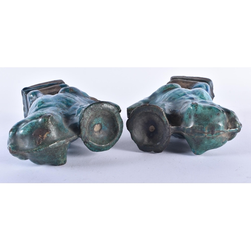 405 - A PAIR OF 17TH/18TH CENTURY CHINESE TURQUOISE GLAZED BEASTS Ming/Qing. 17 cm high.