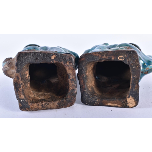 405 - A PAIR OF 17TH/18TH CENTURY CHINESE TURQUOISE GLAZED BEASTS Ming/Qing. 17 cm high.