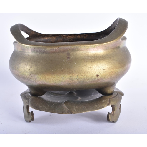 416 - A CHINESE QING DYNASTY BRONZE CENSER ON STAND. 13.5 cm wide, internal width 11.5 cm. (2)