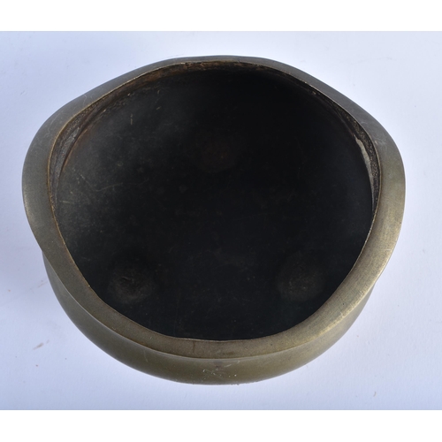 416 - A CHINESE QING DYNASTY BRONZE CENSER ON STAND. 13.5 cm wide, internal width 11.5 cm. (2)