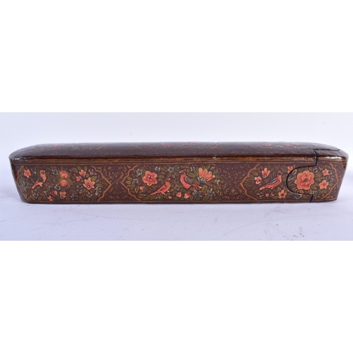 418 - THREE 19TH CENTURY MIDDLE EASTERN PERSIAN QAJAR LACQUER PEN CASES. 24 cm long. (3)