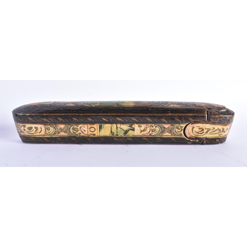 418 - THREE 19TH CENTURY MIDDLE EASTERN PERSIAN QAJAR LACQUER PEN CASES. 24 cm long. (3)