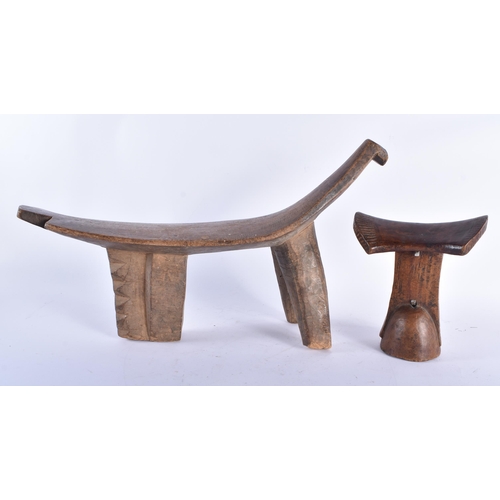 420 - A LARGE AFRICAN TRIBAL LOBE STOOL together with a similar headrest. Largest 48 cm x 28 cm. (2)