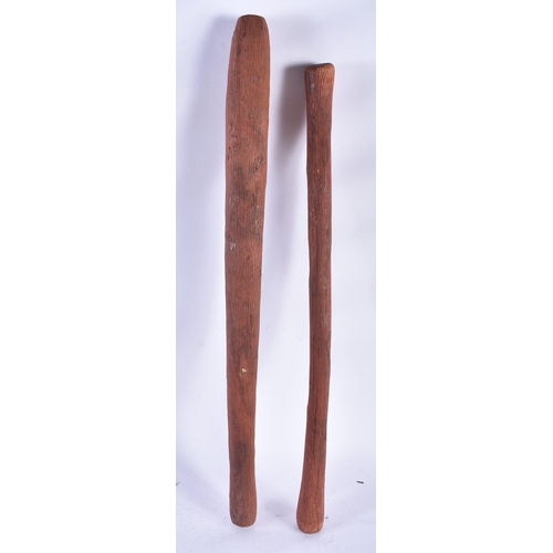 431 - TWO ABORIGINAL TRIBAL PAINTED WOOD CLUBS. Largest 54 cm long. (2)