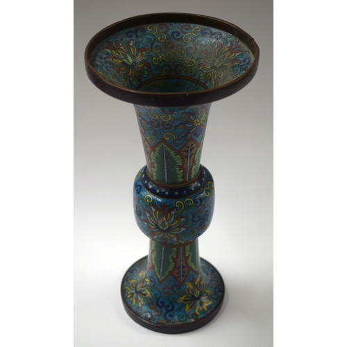 447 - A MID 19TH CENTURY CHINESE CLOISONNE ENAMEL GU FORM BEAKER VASE Qing. 26 cm high.