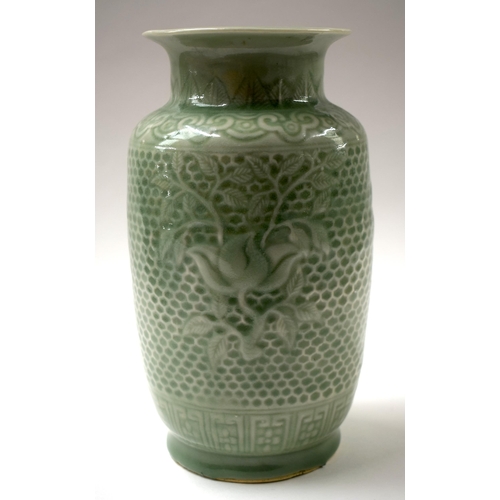 450 - A LATE 19TH CENTURY CHINESE CELADON CYLINDRICAL VASE Guangxu mark and period. 24 cm high.