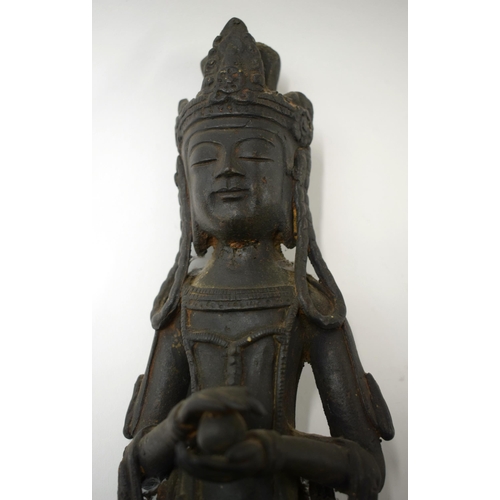 452 - AN UNUSUAL 18TH/19TH CENTURY CHINESE KOREAN BRONZE BUDDHA modelled with hands clasped. 38 cm high.