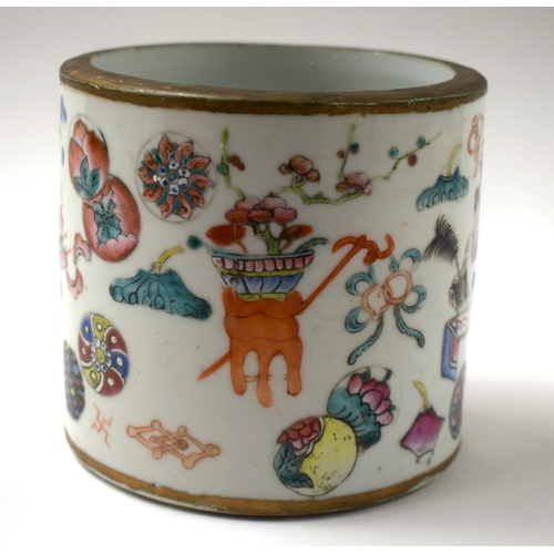 454 - A LATE 19TH CENTURY CHINESE FAMILLE ROSE PORCELAIN BRUSH POT Late Guangxu. 12 cm x 12 cm.