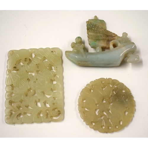 459 - TWO 19TH CENTURY CHINESE CARVED JADE PLAQUES Qing, together with a jadeite boat. Largest 8 cm x 5.5 ... 