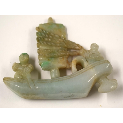 459 - TWO 19TH CENTURY CHINESE CARVED JADE PLAQUES Qing, together with a jadeite boat. Largest 8 cm x 5.5 ... 