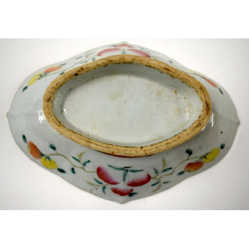 462 - A 19TH CENTURY CHINESE FAMILLE ROSE LOBED PORCELAIN BOWL together with a tazza and lozenge form dish... 