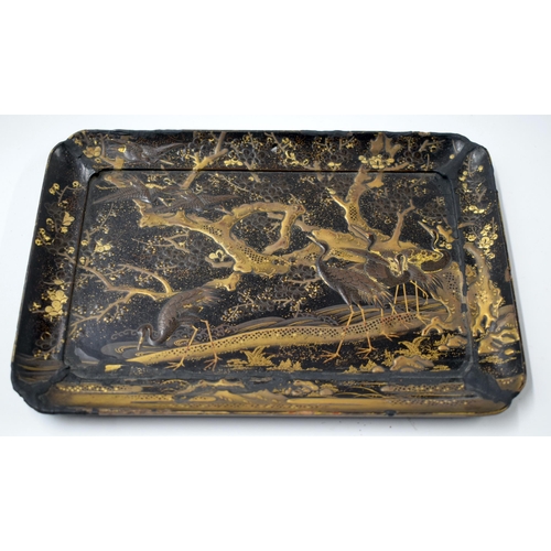 465 - A 19TH CENTURY JAPANESE MEIJI PERIOD GOLD LACQUERED RECTANGULAR DISH together with a maki-e lacquer ... 