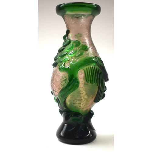 466 - A 19TH CENTURY CHINESE BEIJING GLASS VASE bearing Qianlong marks to base. 17 cm high.  WE ARE UNABLE... 