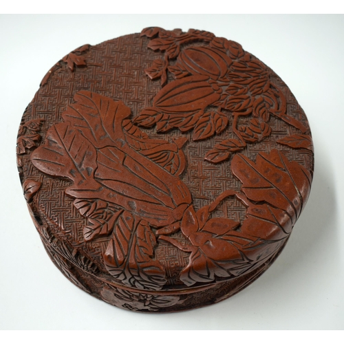 472 - A CHINESE QING DYNASTY CARVED CINNABAR LACQUER BOX AND COVER. 16.5 cm wide.