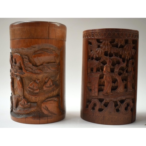 498 - FOUR 19TH/20TH CENTURY CHINESE CARVED WOOD BRUSH POTS Late Qing. Largest 15 cm high. (4)