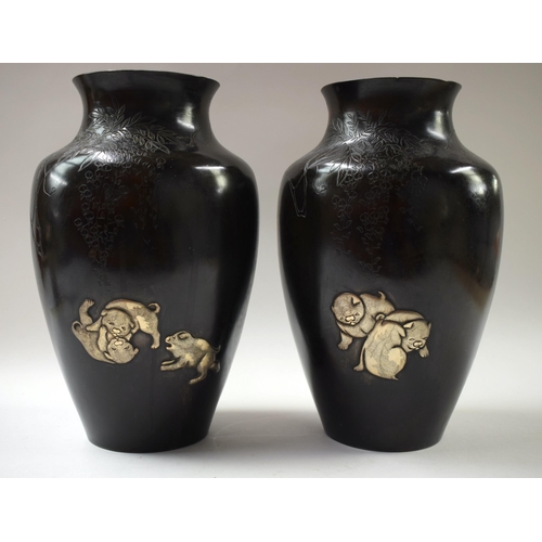 501 - A PAIR OF JAPANESE SILVER INLAID VASES (2), 25 CM HIGH