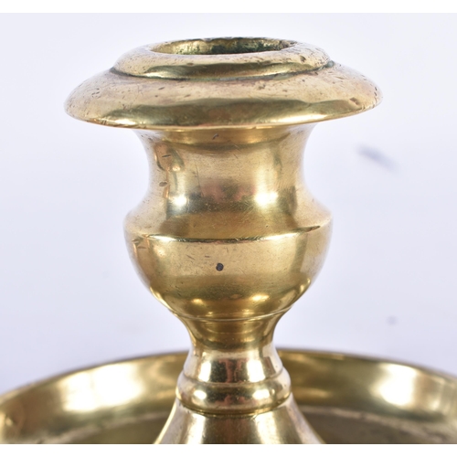 537 - TWO 18TH CENTURY BRASS CHAMBERSTICKS together with a pair of brass candlesticks. Largest 22.5 cm hig... 