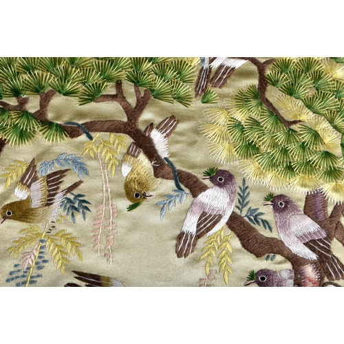 545 - A LARGE LATE 19TH CENTURY CHINESE SILK EMBROIDERED BIRD PANEL Late Qing, decorated with brilliantly ... 