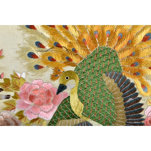 545 - A LARGE LATE 19TH CENTURY CHINESE SILK EMBROIDERED BIRD PANEL Late Qing, decorated with brilliantly ... 