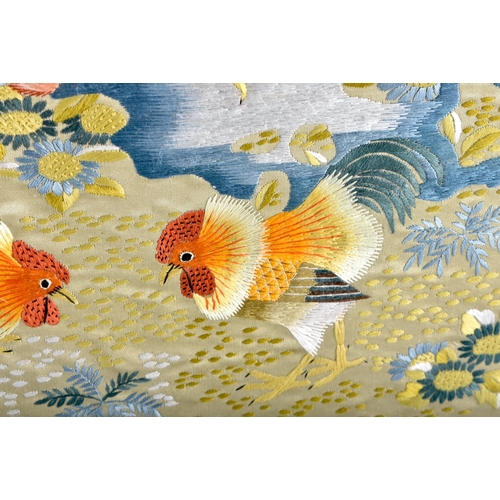 545 - A LARGE LATE 19TH CENTURY CHINESE SILK EMBROIDERED BIRD PANEL Late Qing, decorated with brilliantly ... 