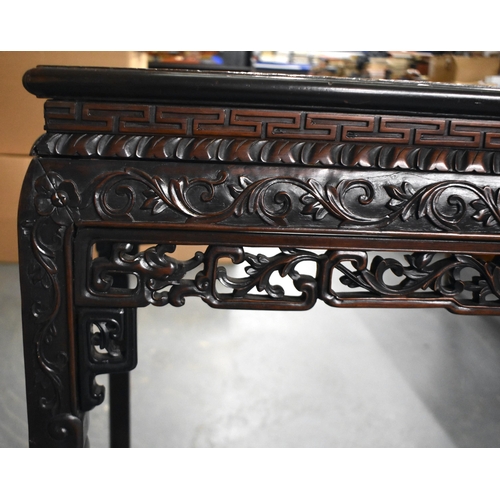 548 - A 19TH CENTURY CHINESE MARBLE INSET HARDWOOD CONSOLE TABLE Qing. 90 cm x 80 cm x 48 cm.