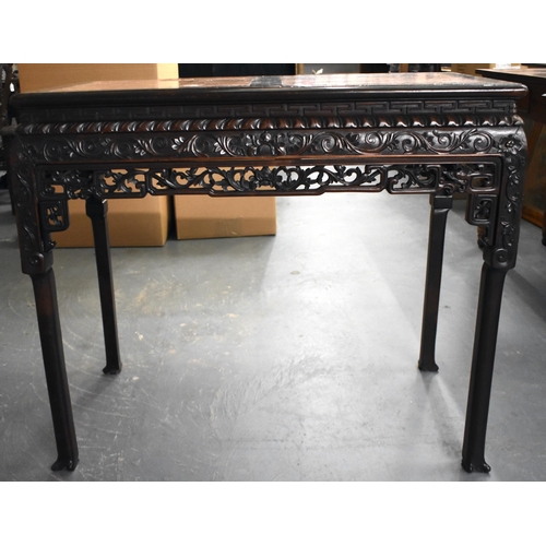 548 - A 19TH CENTURY CHINESE MARBLE INSET HARDWOOD CONSOLE TABLE Qing. 90 cm x 80 cm x 48 cm.