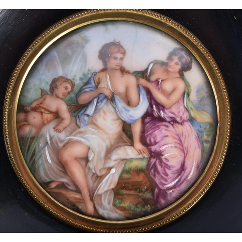 555 - A PAIR OF ANTIQUE FRAMED CLASSICAL PORCELAIN PLAQUES. 13 cm square.